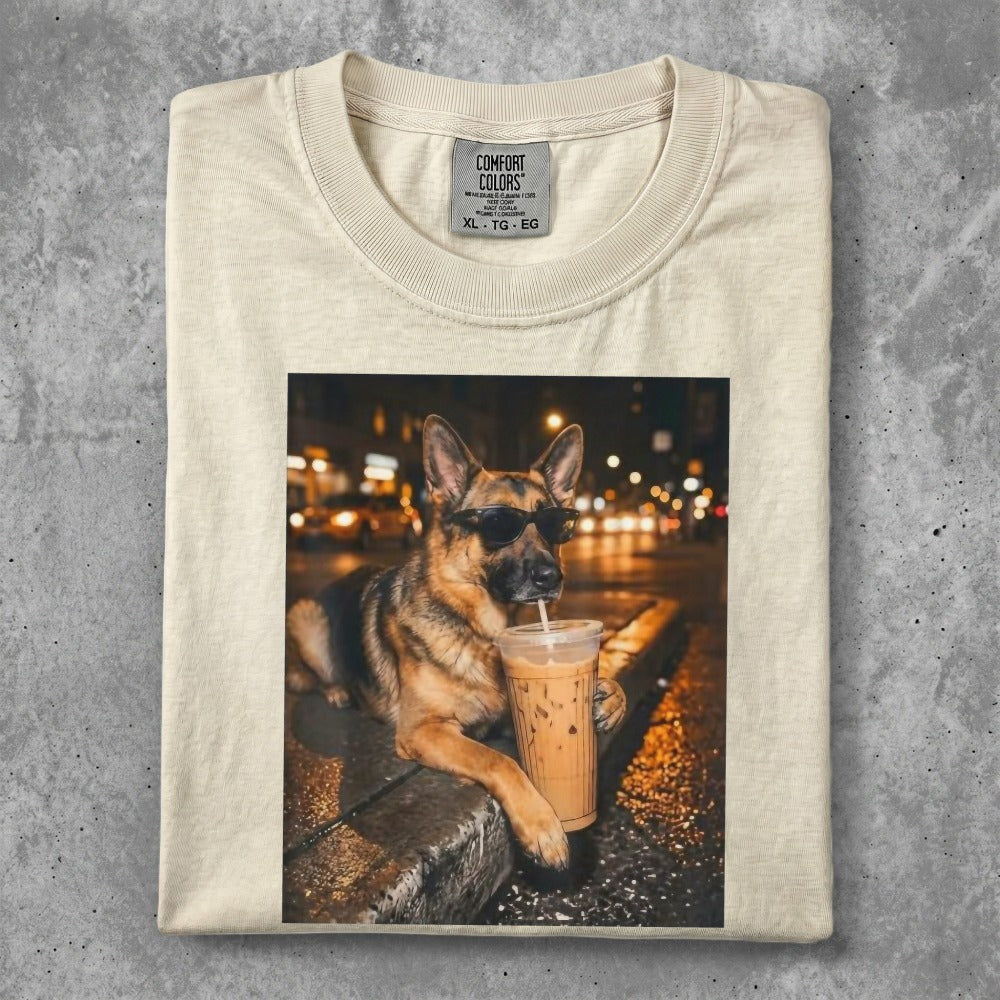 German Shepherd in sunglasses drinks iced coffee on a city street.