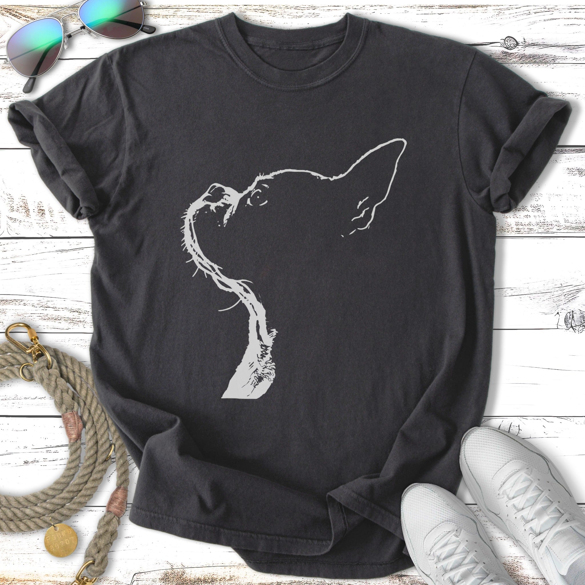 Black t-shirt with white line drawing of a dog's head.