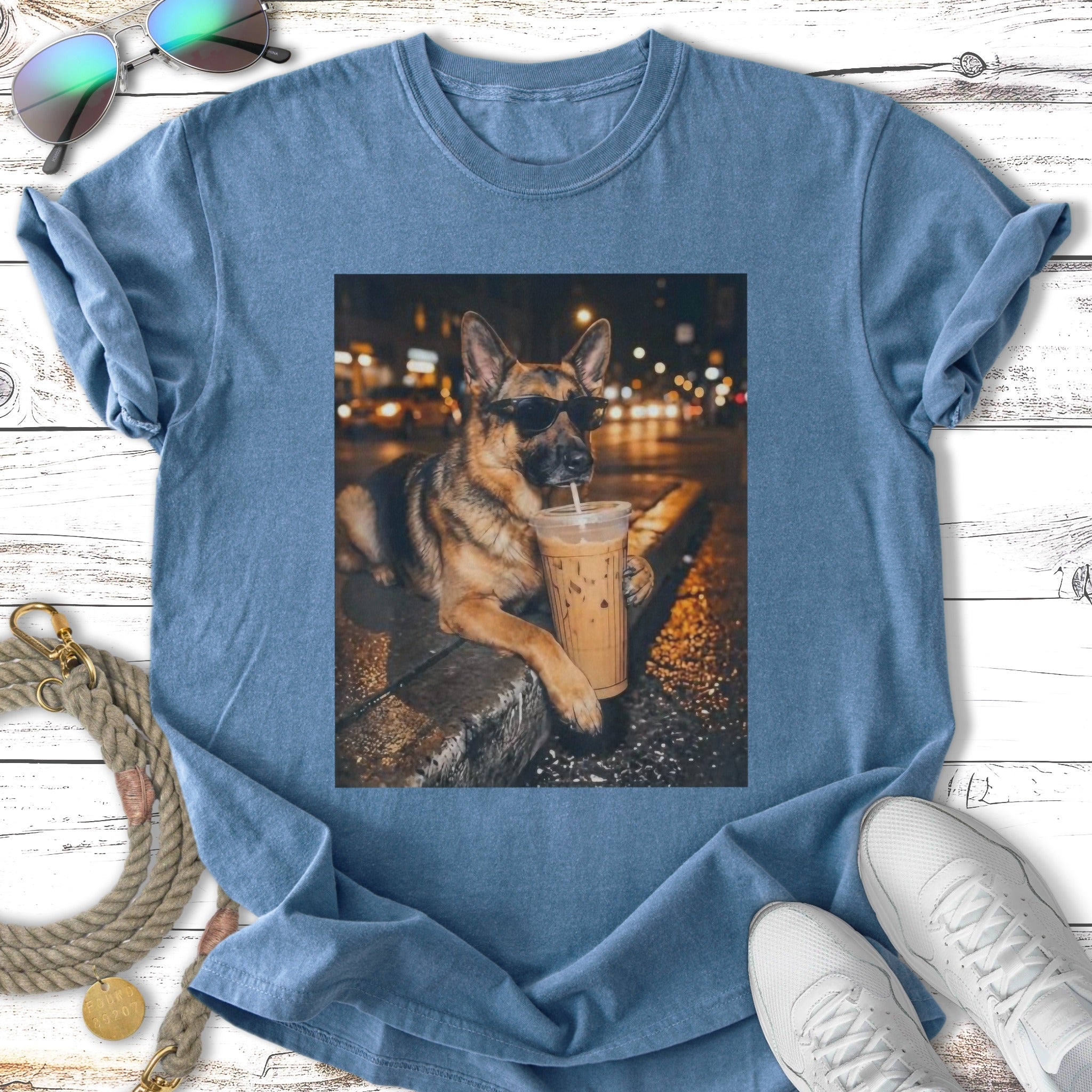 German Shepherd wearing sunglasses, lying down with an iced coffee.