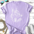 Line art French Bulldog blowing a dandelion on a purple t-shirt.