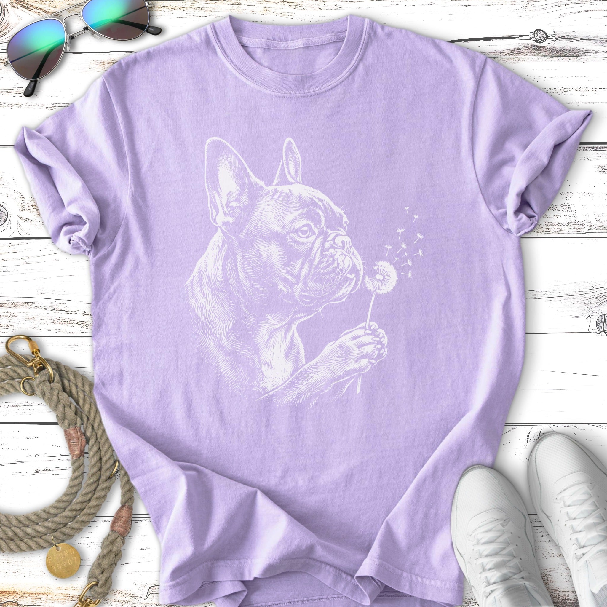 Line art French Bulldog blowing a dandelion on a purple t-shirt.