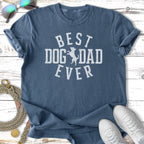Distressed blue t-shirt with "BEST DOG DAD EVER" text and paw print.