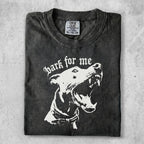 Black t-shirt with white graphic of barking dog and text "dark for me."