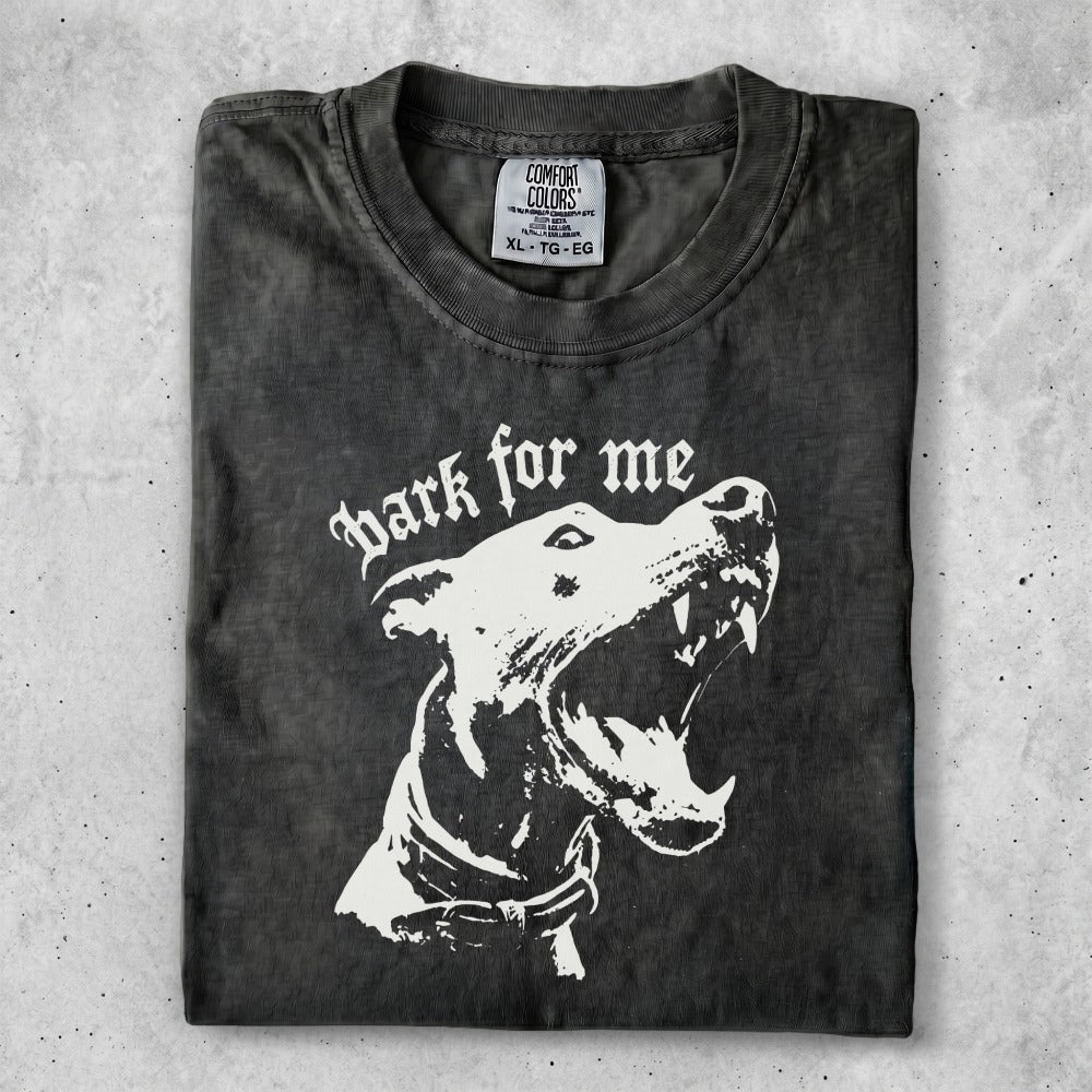 Black t-shirt with white graphic of barking dog and text "dark for me."