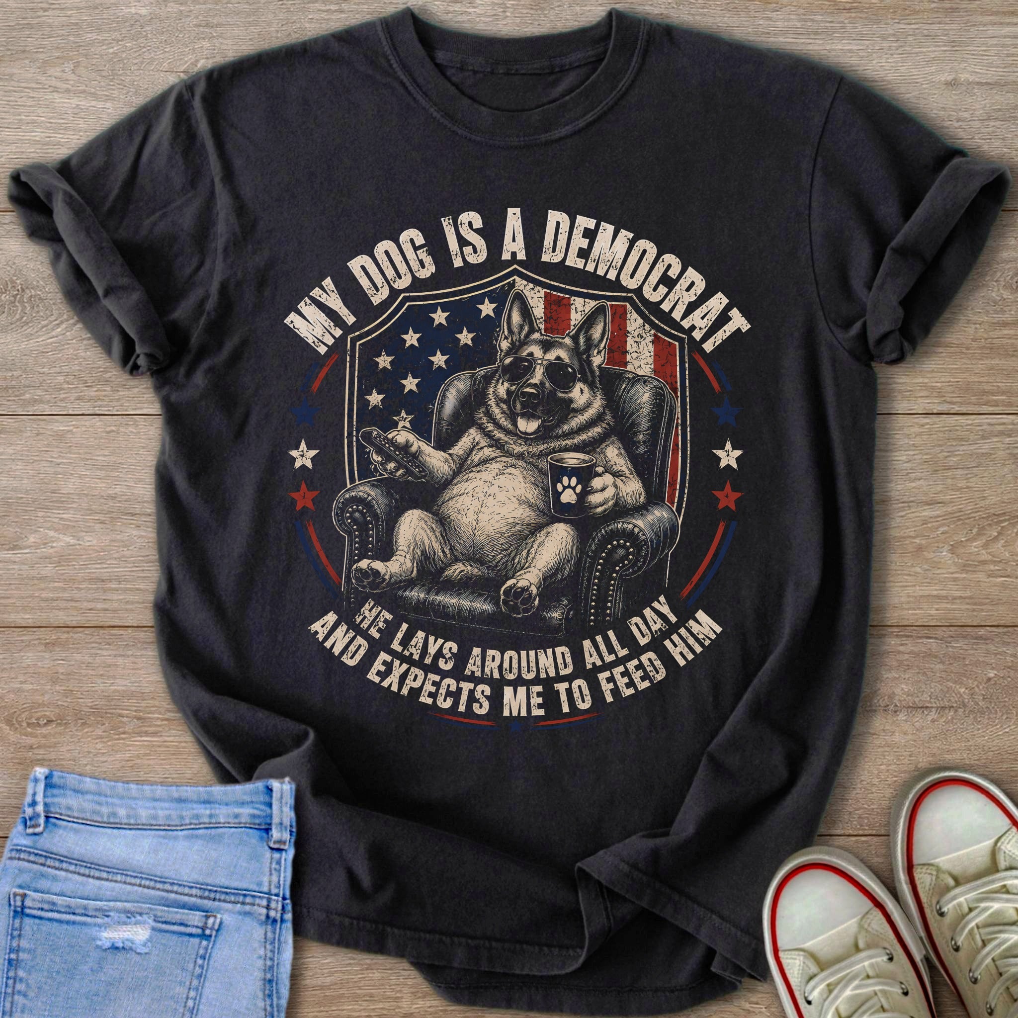 T-shirt graphic with a German Shepherd in sunglasses watching TV and text.