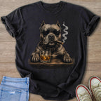 T-shirt with illustration of a cool pitbull wearing sunglasses and smoking a cigar.