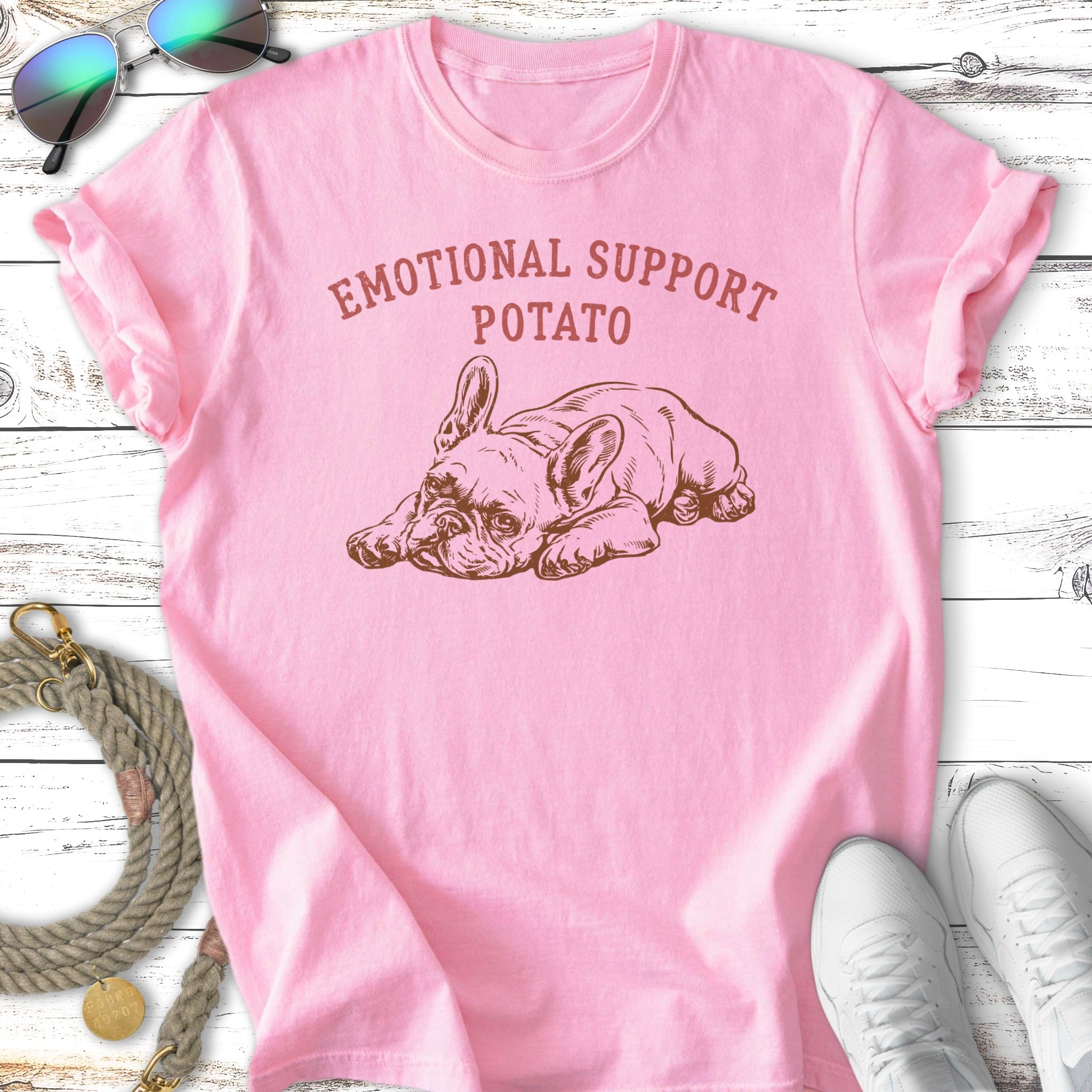 Pink t-shirt with "EMOTIONAL SUPPORT POTATO" and a French Bulldog graphic.