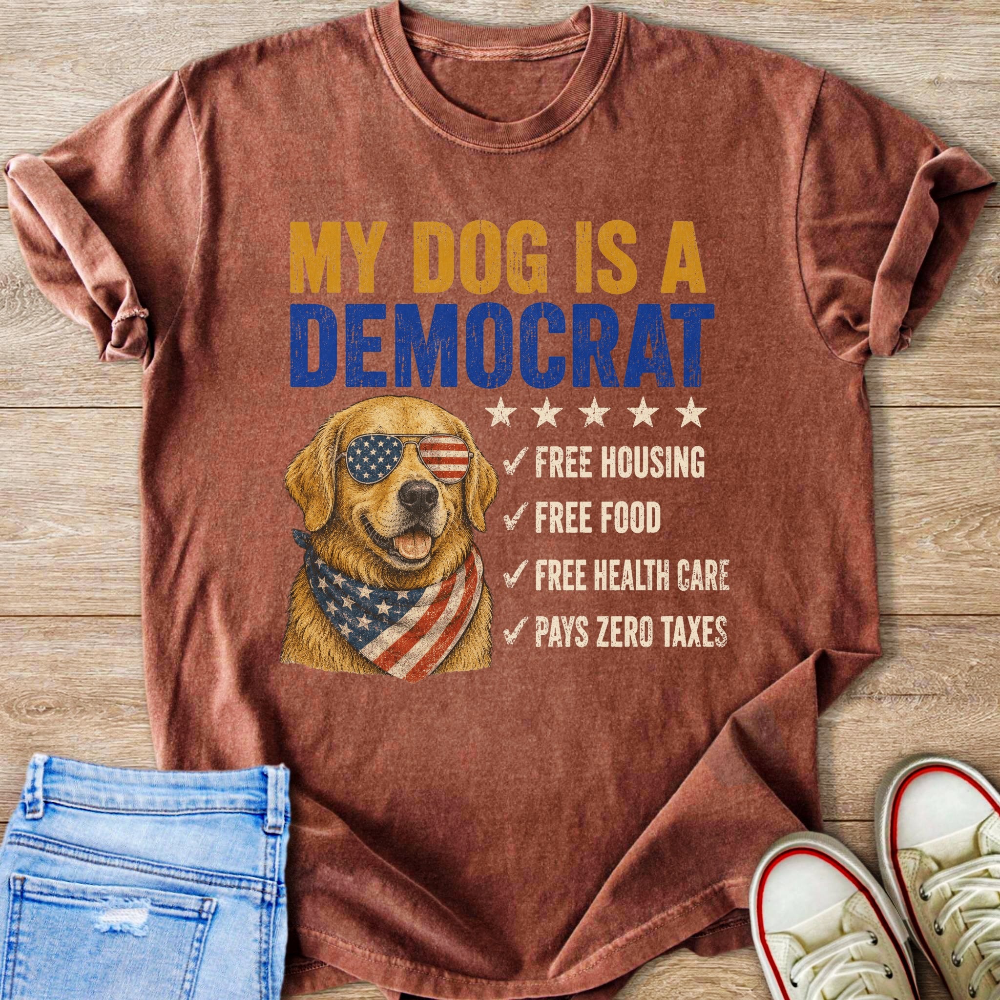 Golden retriever wearing American flag bandana and sunglasses, next to text about Democrat dog.