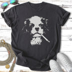 Dark t-shirt with a grey graphic of a dog wearing a cigarette.