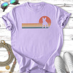 Lavender t-shirt with a vintage sunset graphic and a French bulldog silhouette.