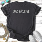 Dark gray t-shirt with "Dogs & Coffee" printed in white text.