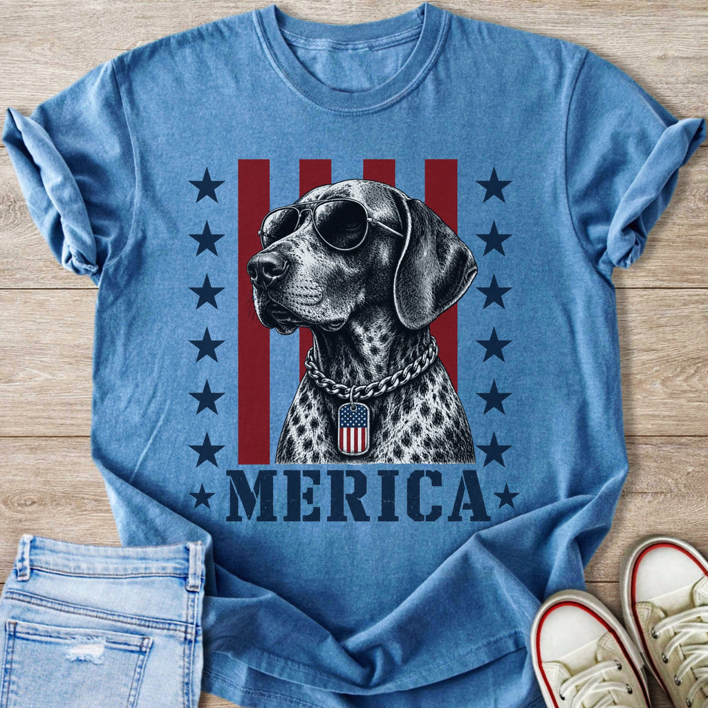 German Shorthaired Pointer wearing sunglasses and American flag tag, "MERICA" text.