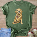 Green t-shirt with golden retriever graphic that says "I Love Mom"