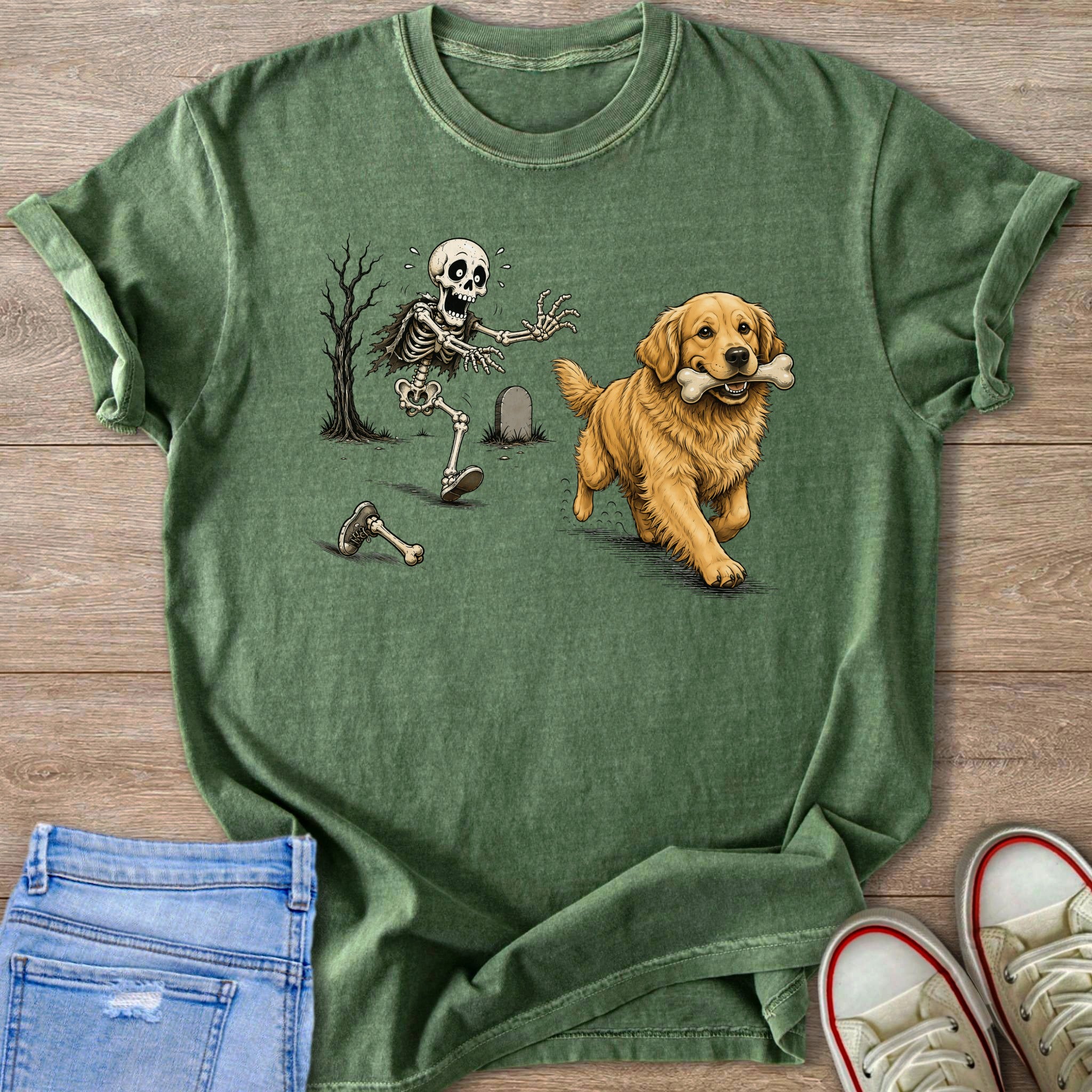 Skeleton chases golden retriever with bone in a graveyard setting.