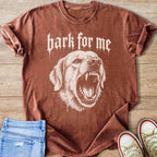 Brown t-shirt with a white graphic of a snarling dog and text "bark for me".