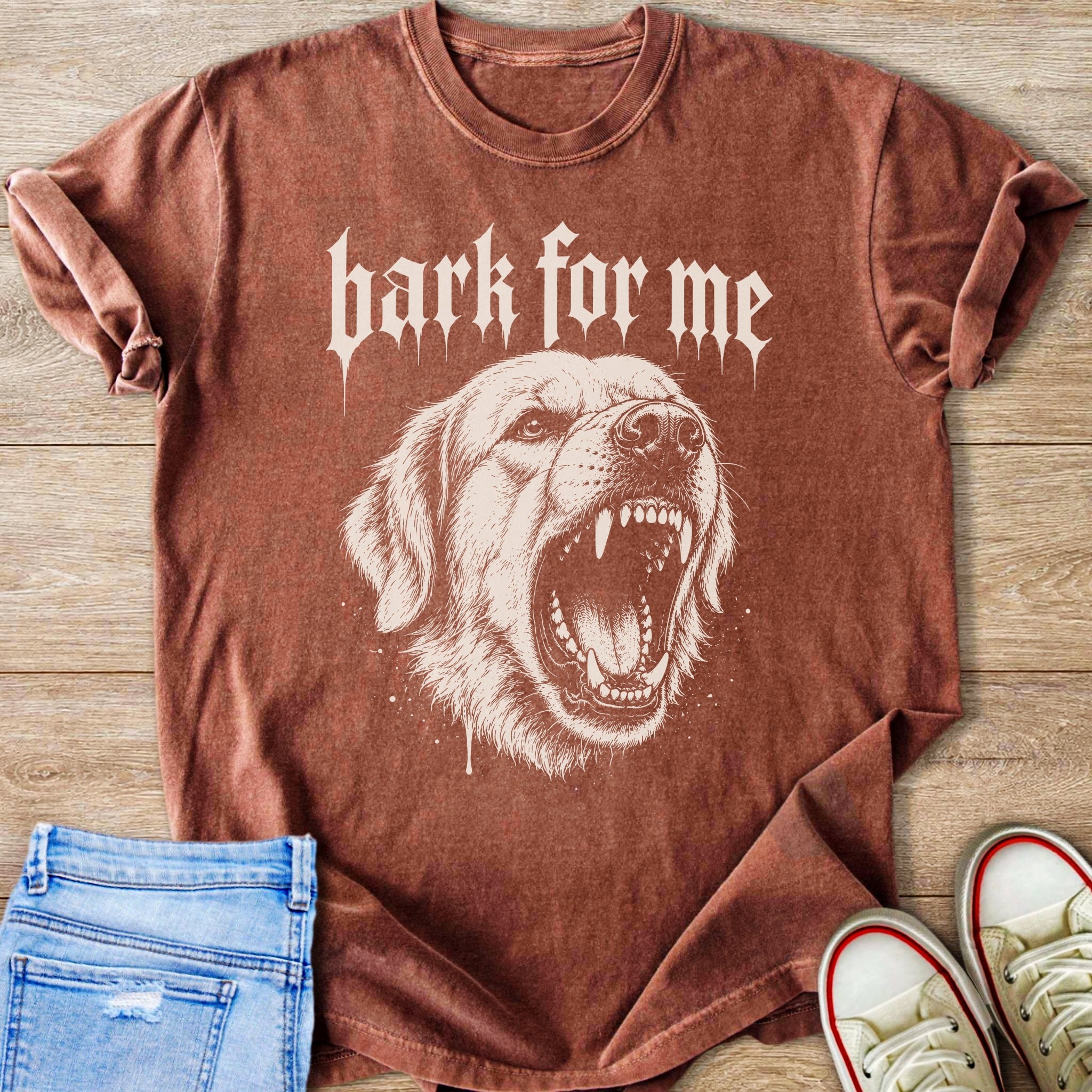 Brown t-shirt with a white graphic of a snarling dog and text "bark for me".
