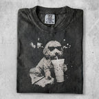 T-shirt featuring a cartoon dog wearing sunglasses drinking from a large iced coffee.
