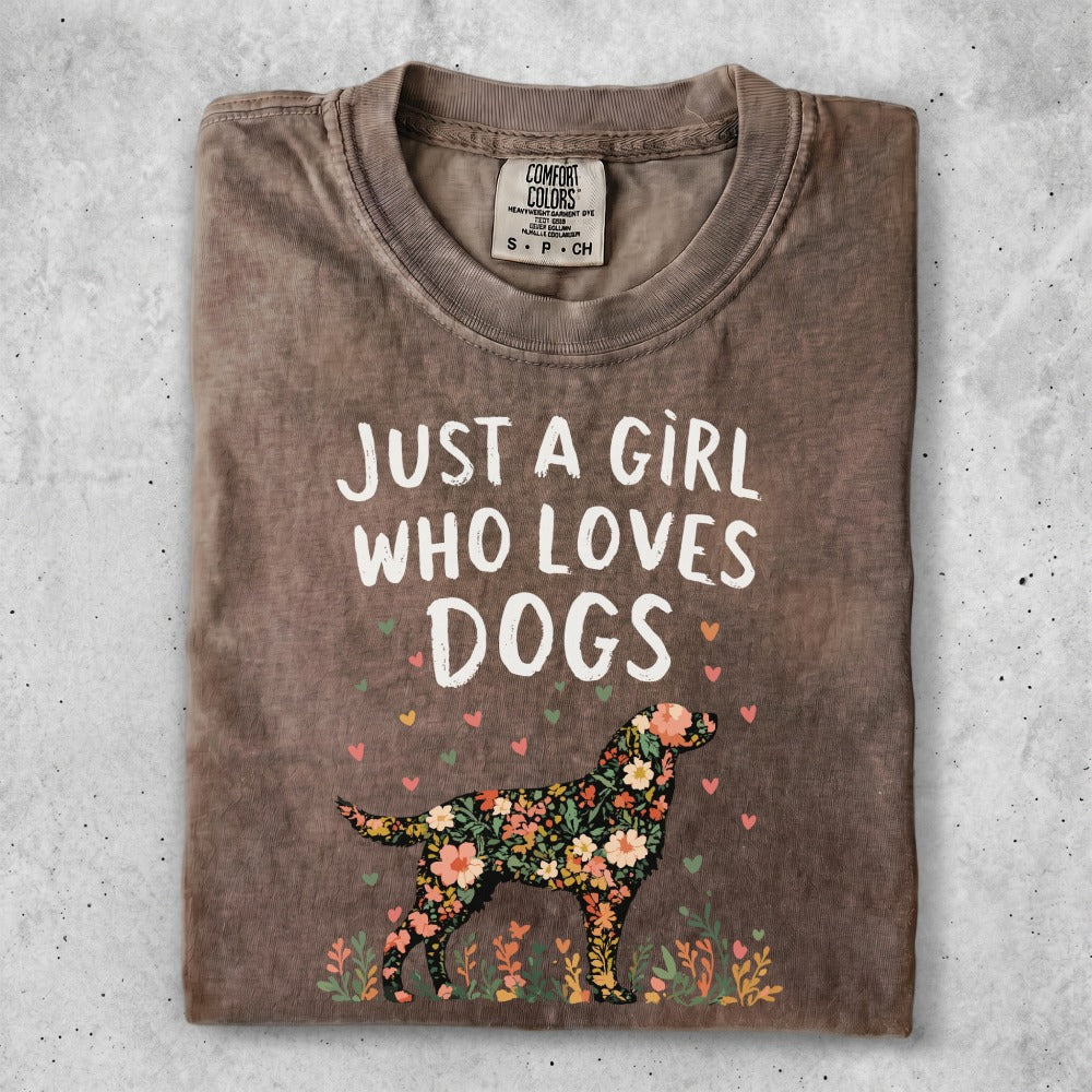 Brown t-shirt with "Just a girl who loves dogs" and floral dog graphic.