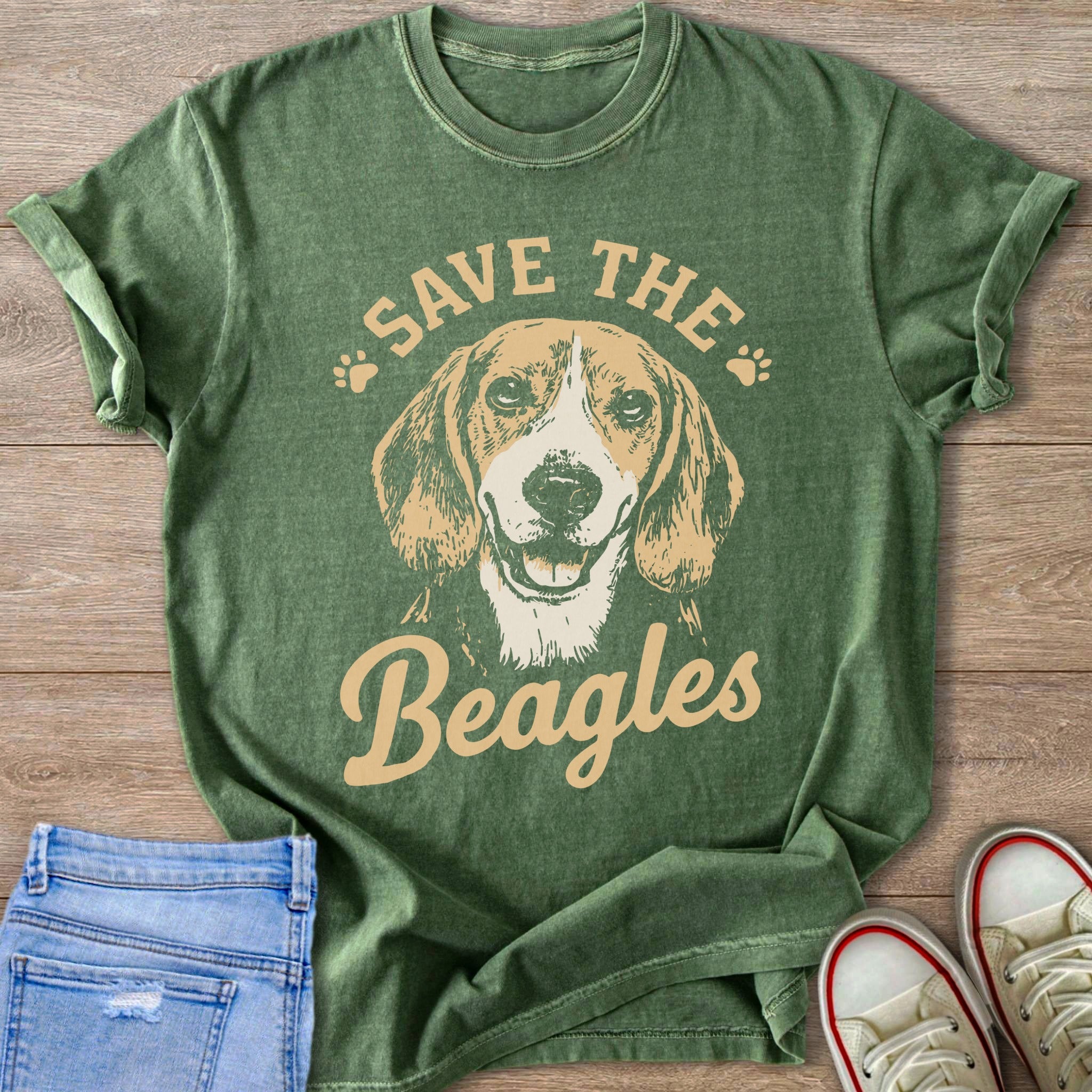 Green t-shirt with beagle dog graphic and text "SAVE THE Beagles".