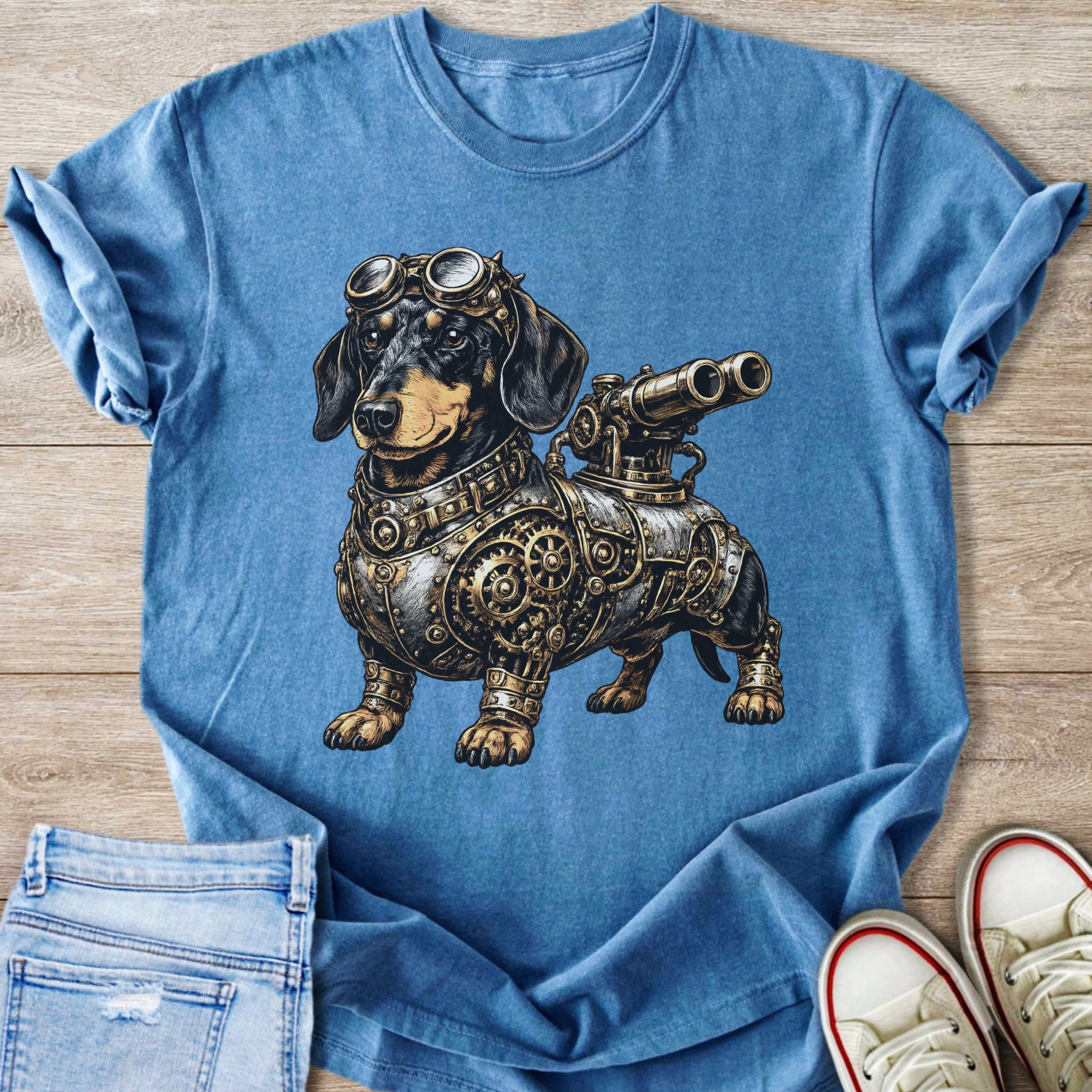 Steampunk dachshund wearing goggles and armor on a blue t-shirt.