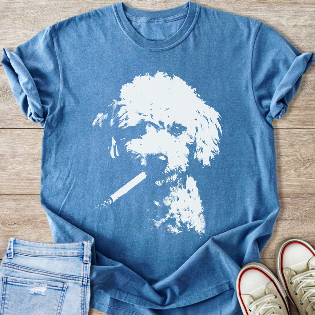 Blue t-shirt with white silhouette of a dog smoking a cigarette