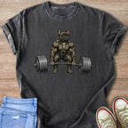 Dark grey t-shirt with muscular French bulldog lifting barbell graphic.