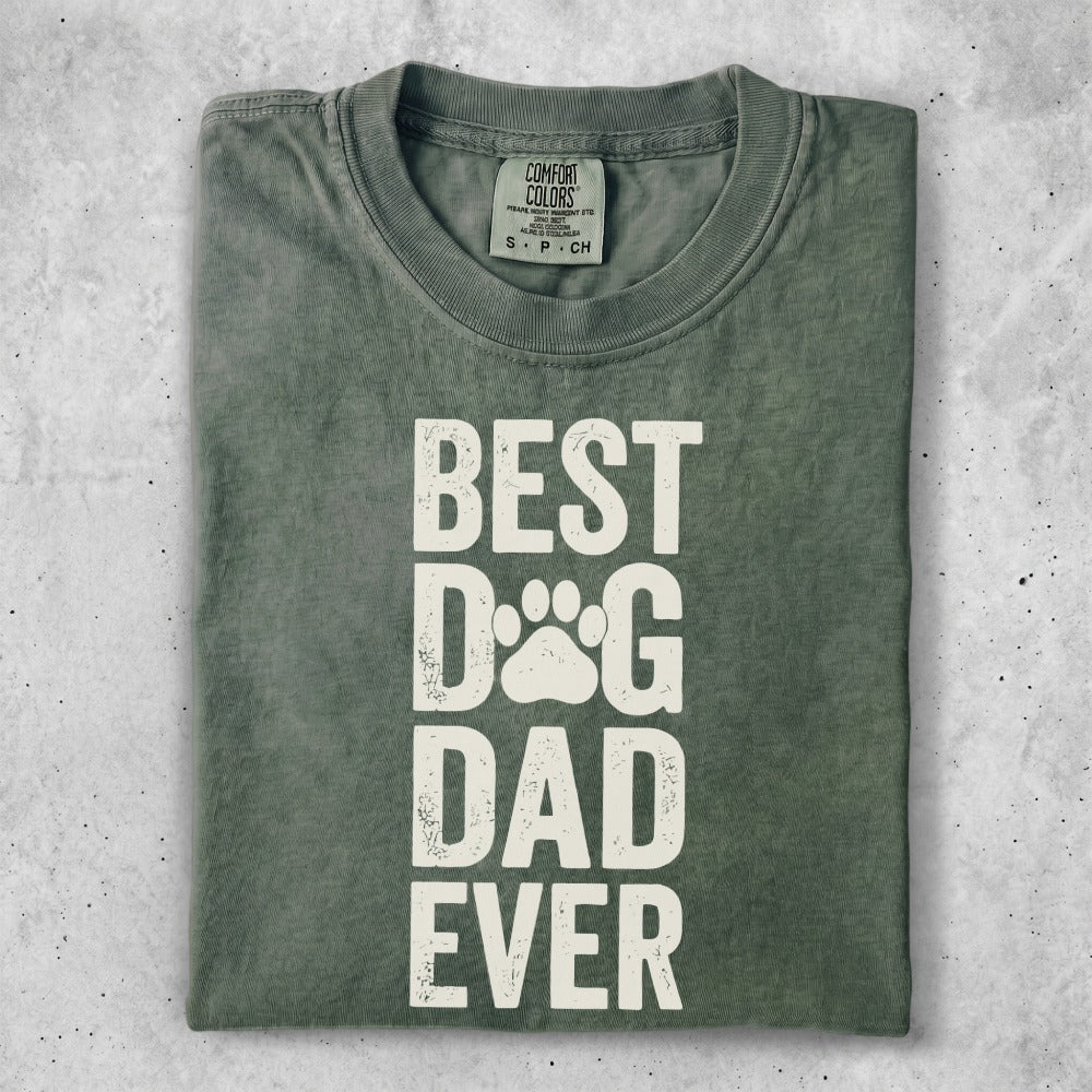 Green t-shirt with "BEST DOG DAD EVER" text in white.
