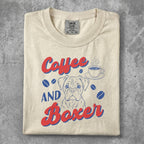 Cream t-shirt with "Coffee AND Boxer" text and a dog illustration.