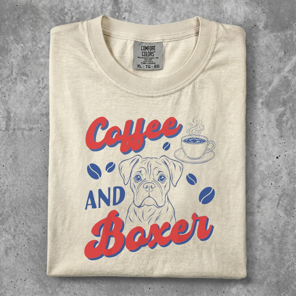Cream t-shirt with "Coffee AND Boxer" text and a dog illustration.