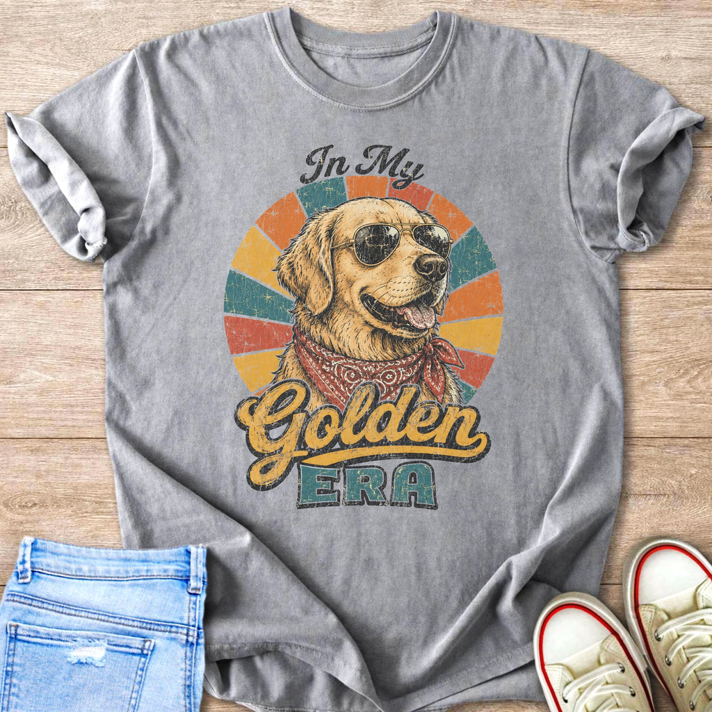 Golden Retriever dog wearing sunglasses and bandana, text "In My Golden Era".