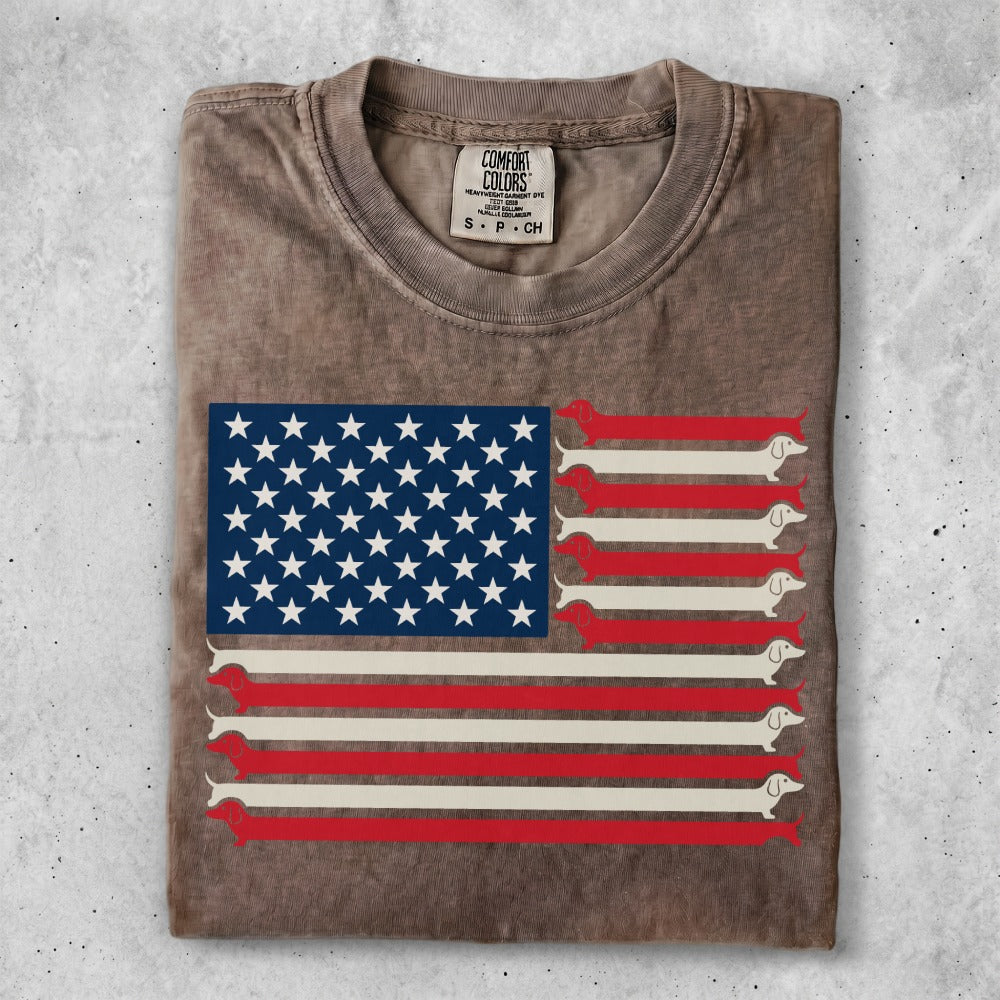Brown t-shirt with American flag design featuring dachshunds instead of stars and stripes.