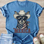 Chihuahua wearing a cowboy hat, sunglasses, and American flag bandana.
