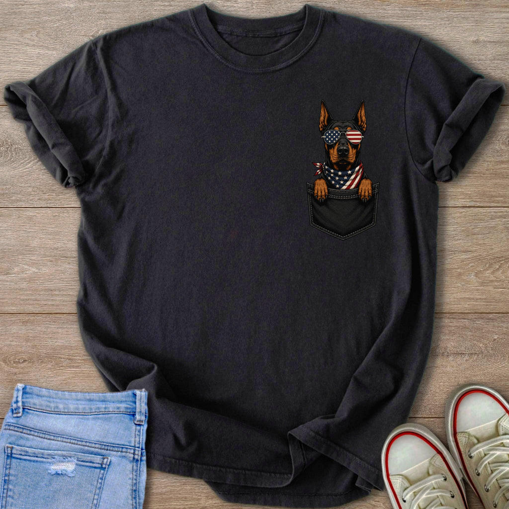 Black t-shirt with a dog wearing sunglasses and an American flag bandana in a pocket.