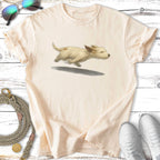 Cream t-shirt with a whimsical illustration of a golden puppy in motion.