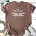 Brown t-shirt with "Dach Gun" and flying dachshunds logo.