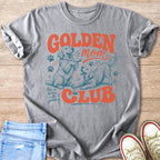 Grey t-shirt with orange text "GOLDEN MOM CLUB" and two golden retrievers.
