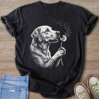 Black t-shirt with white sketch of dog holding a dandelion with blowing seeds