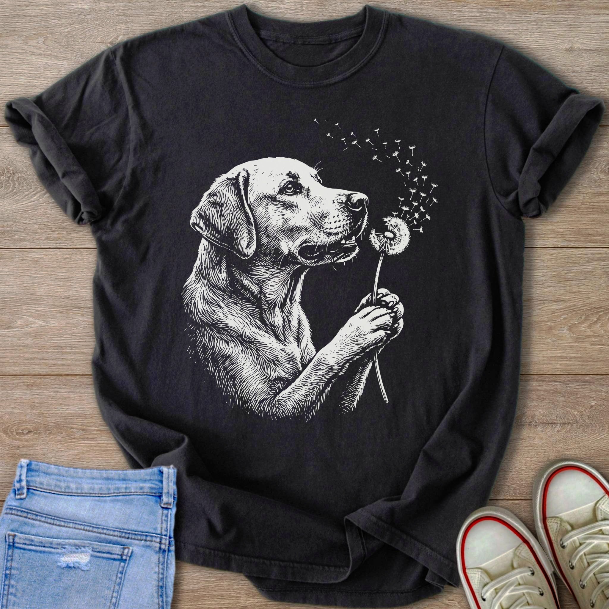 Black t-shirt with white sketch of dog holding a dandelion with blowing seeds