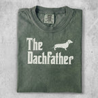 Green t-shirt with "The Dachfather" text and a dachshund silhouette.