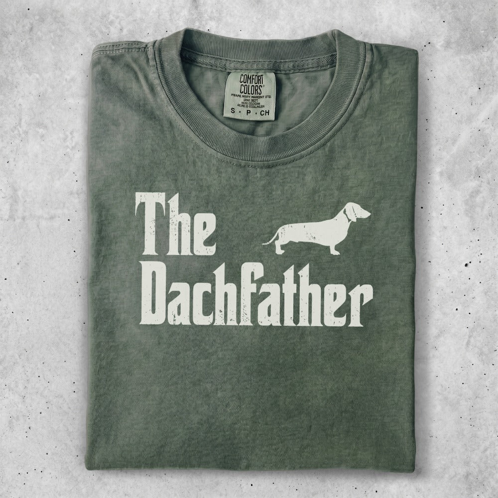 Green t-shirt with "The Dachfather" text and a dachshund silhouette.