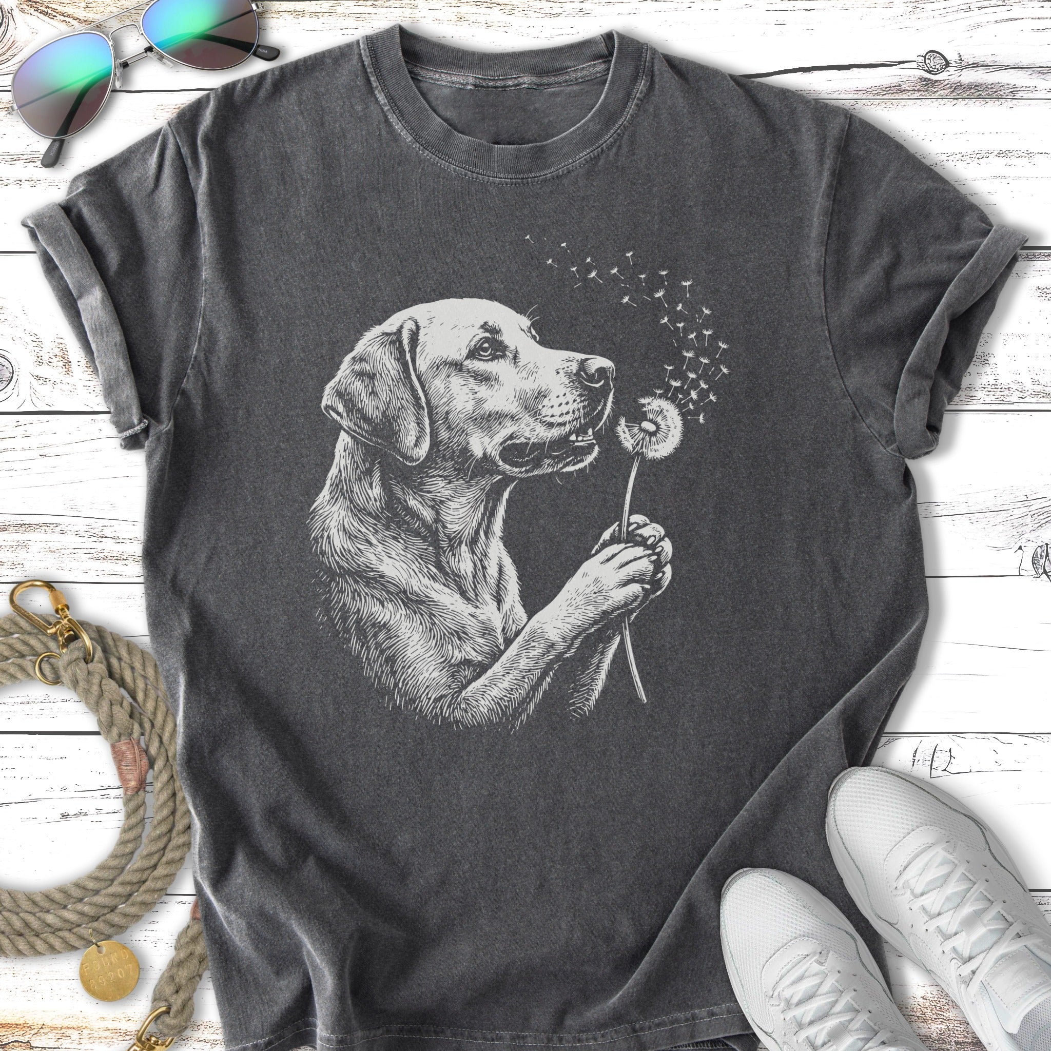 Labrador retriever with dandelion sketch on charcoal t-shirt.