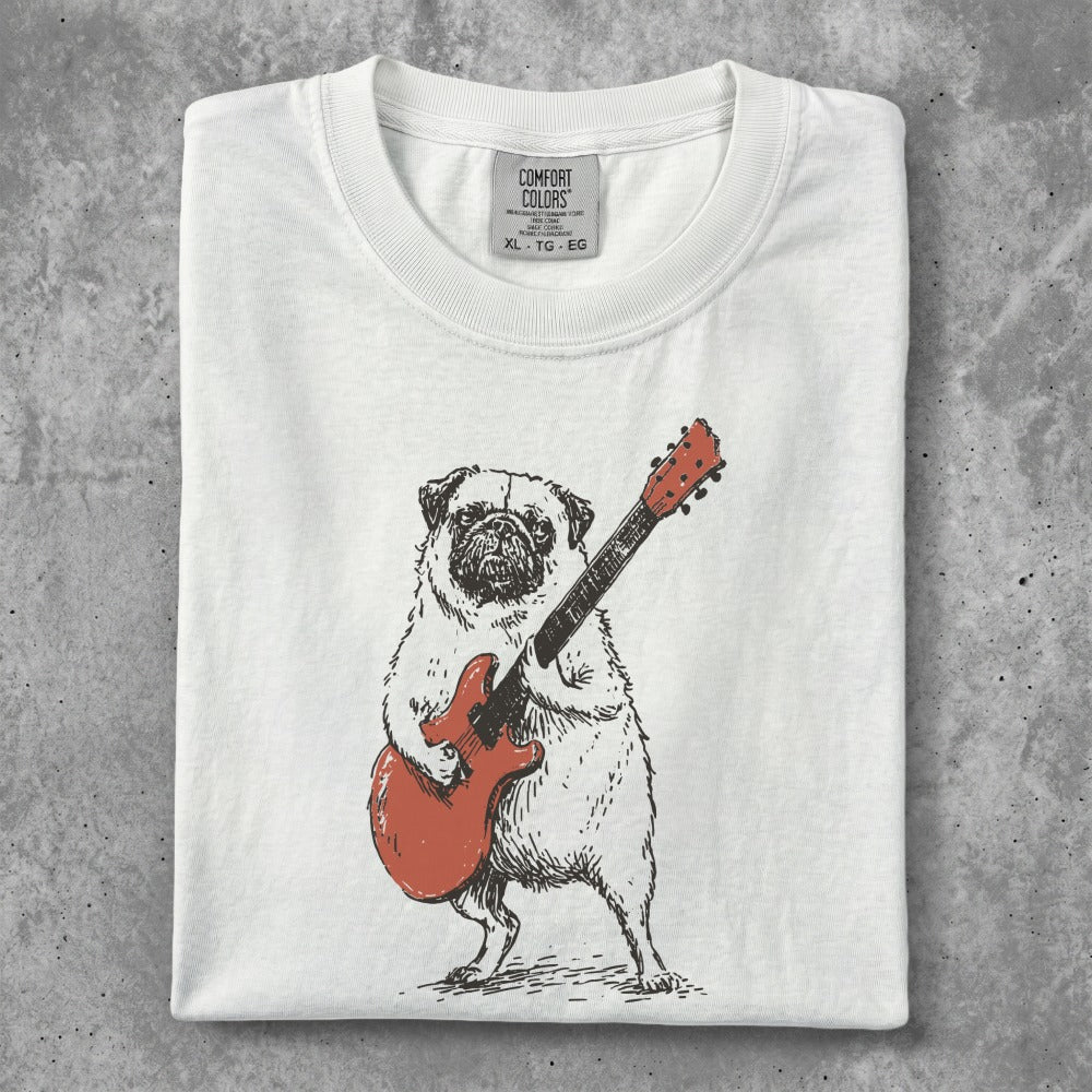 White t-shirt with a pug playing a red electric guitar.
