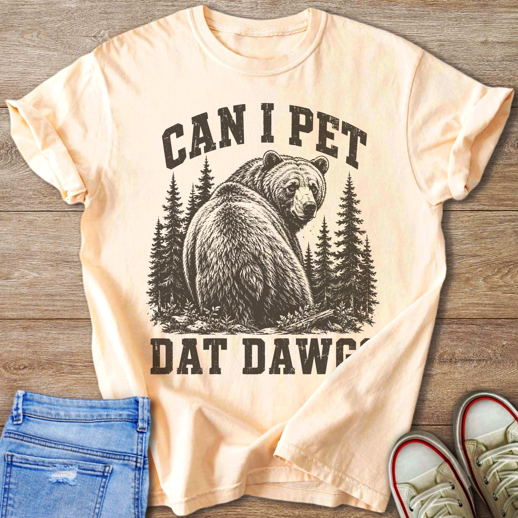 Cream t-shirt with bear graphic and text "CAN I PET DAT DAWG"