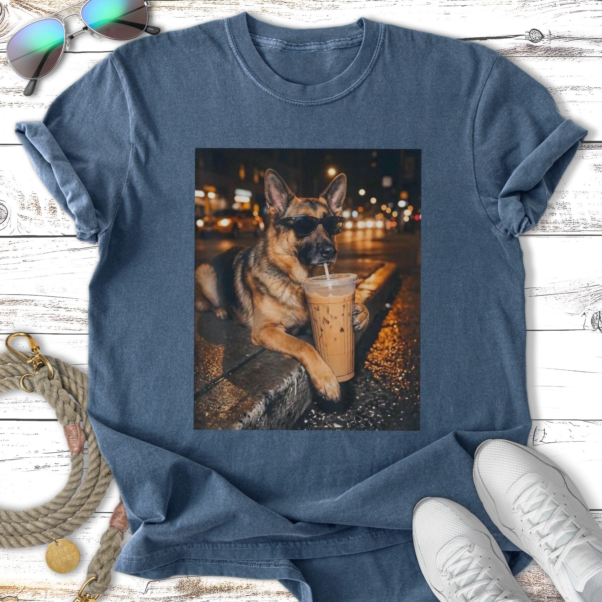 German Shepherd wearing sunglasses drinks iced coffee on a city sidewalk.