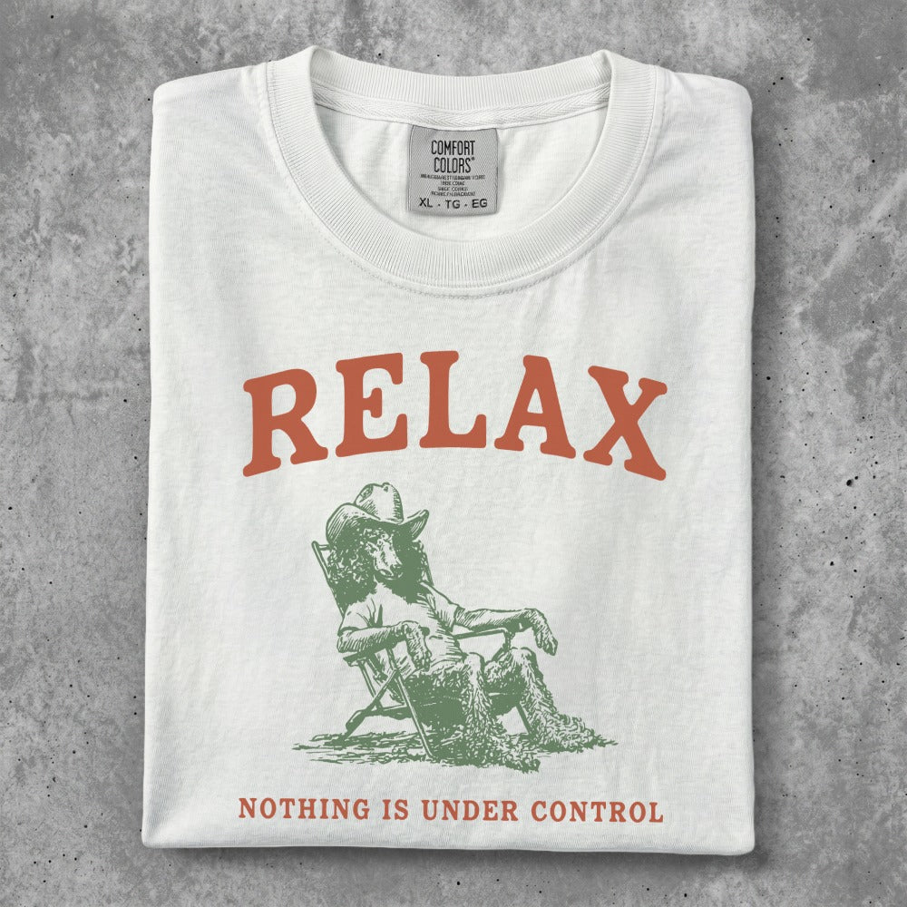 White t-shirt with "RELAX" and a seated figure.