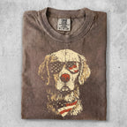 Brown t-shirt with faded dog wearing sunglasses and American flag bandana.