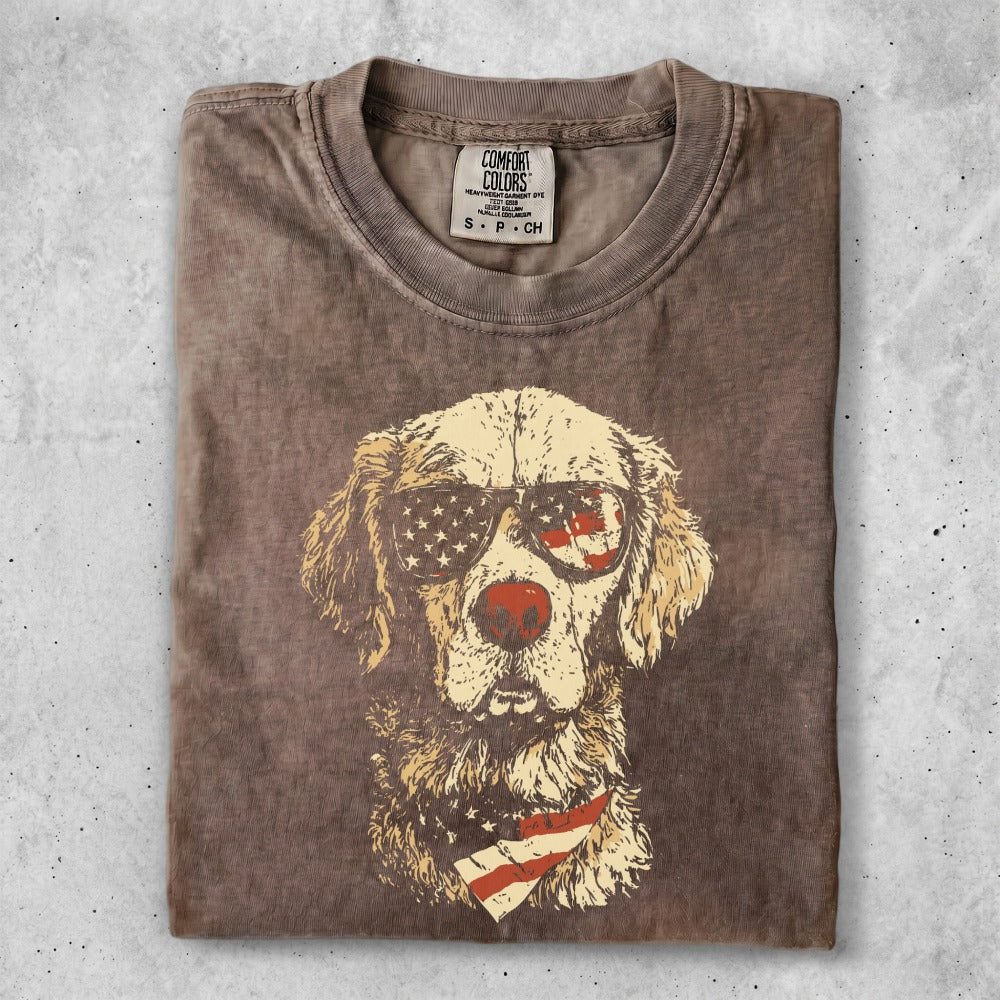 Brown t-shirt with faded dog wearing sunglasses and American flag bandana.