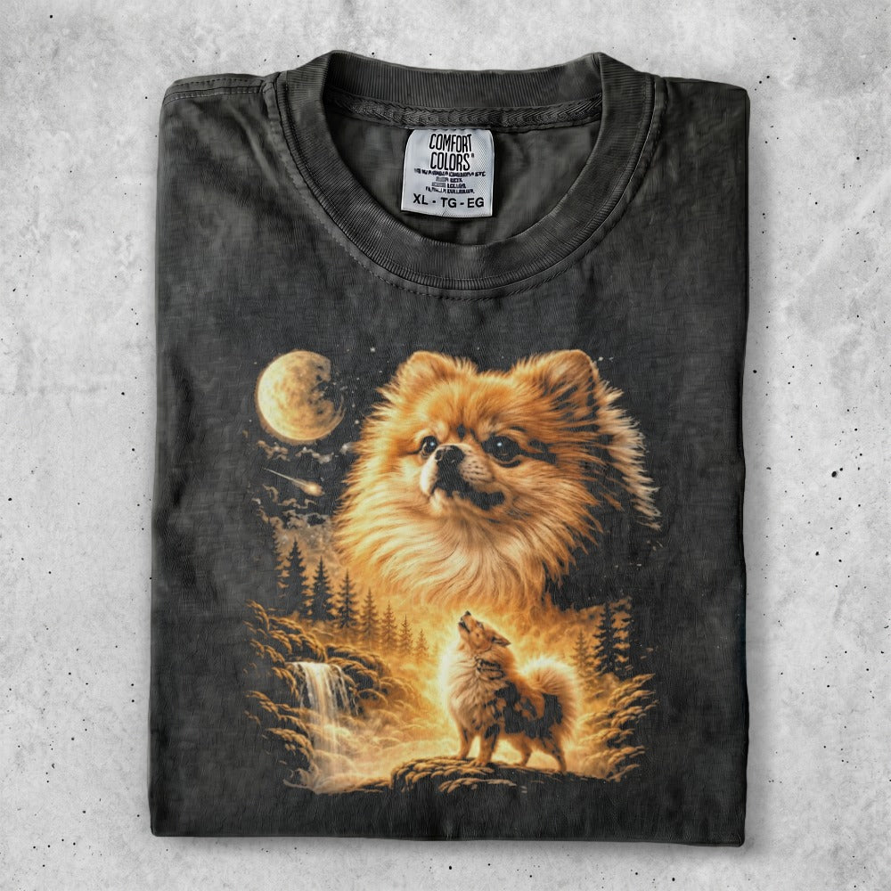 T-shirt with a Pomeranian dog howling at the moon in a forest landscape.