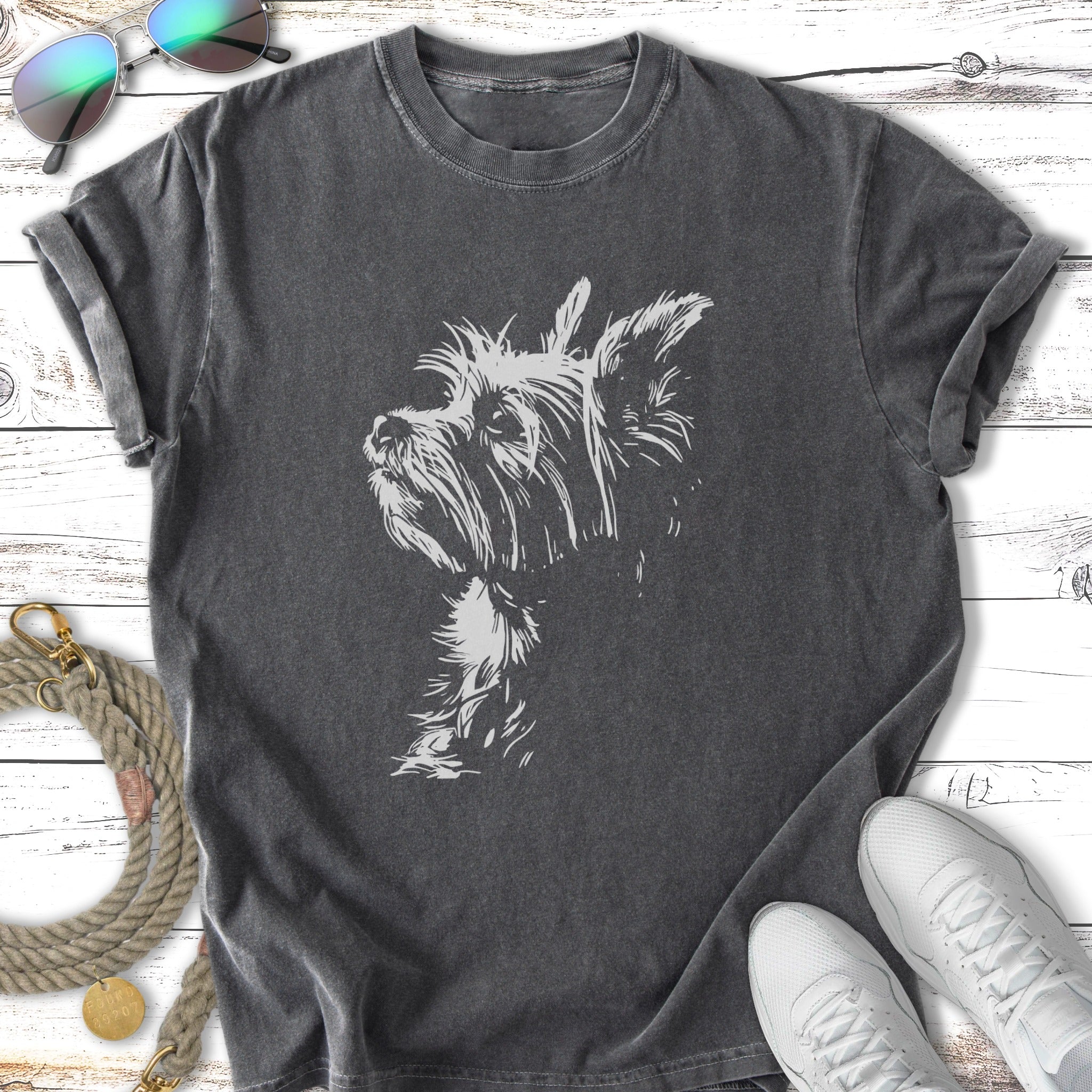 Dark grey t-shirt featuring a white line drawing of a Yorkshire Terrier's head.