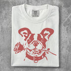 White t-shirt with a red French bulldog holding a red rose in its mouth.